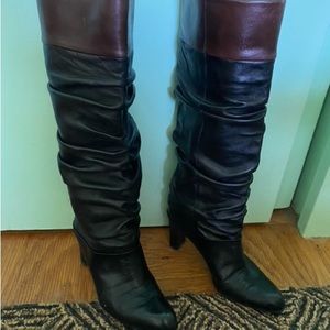 Beautiful leather boots, barely worn, size 6, black with brown cuffs